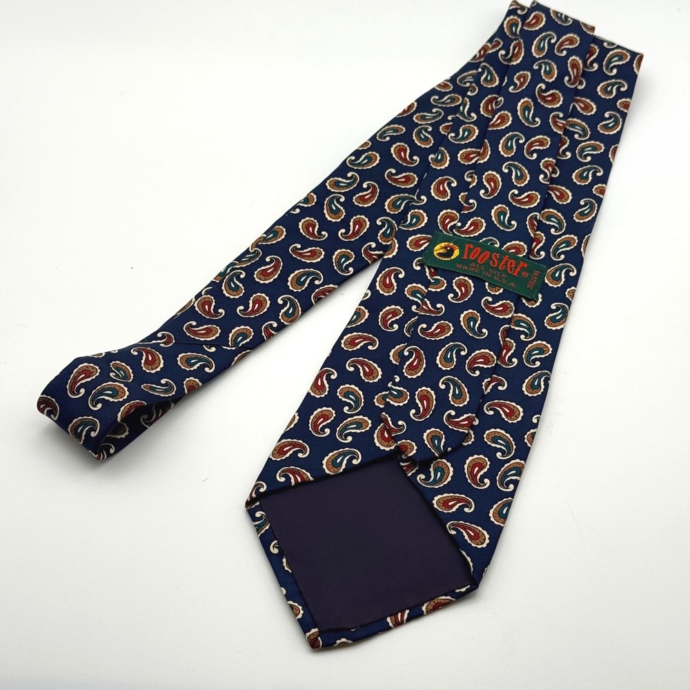 Rooster Mens Silk Tie Navy Blue Paisley Pattern Made in USA 3.75 Inch Width - Picture 8 of 10